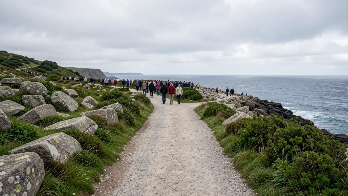 Imaxe xenérica dun camiño costeiro en Galicia con rocas de granito e vexetación verde baixo un ceo nubrado.