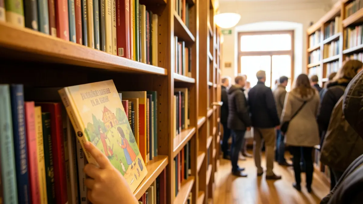 Imaxe xenérica dunha biblioteca con andeis cheos de libros e unha man infantil collendo un conto.