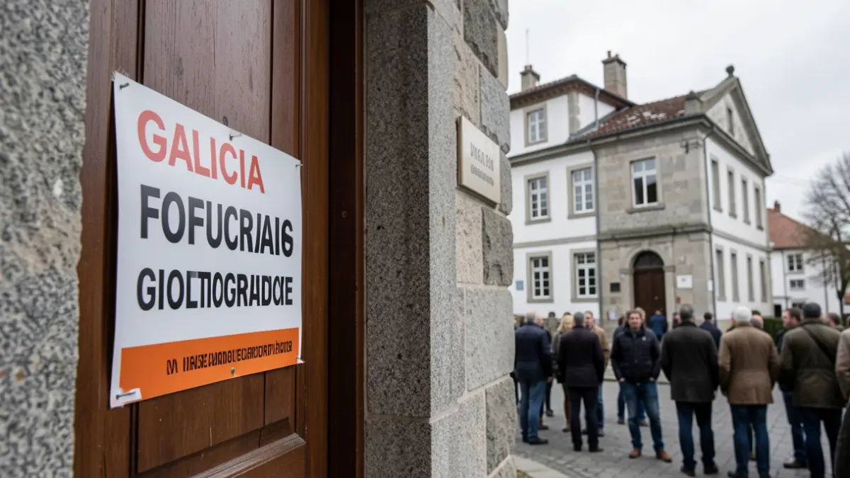 Imaxe xenérica de cartel de execución hipotecaria nunha vivenda con arquitectura de granito galega.