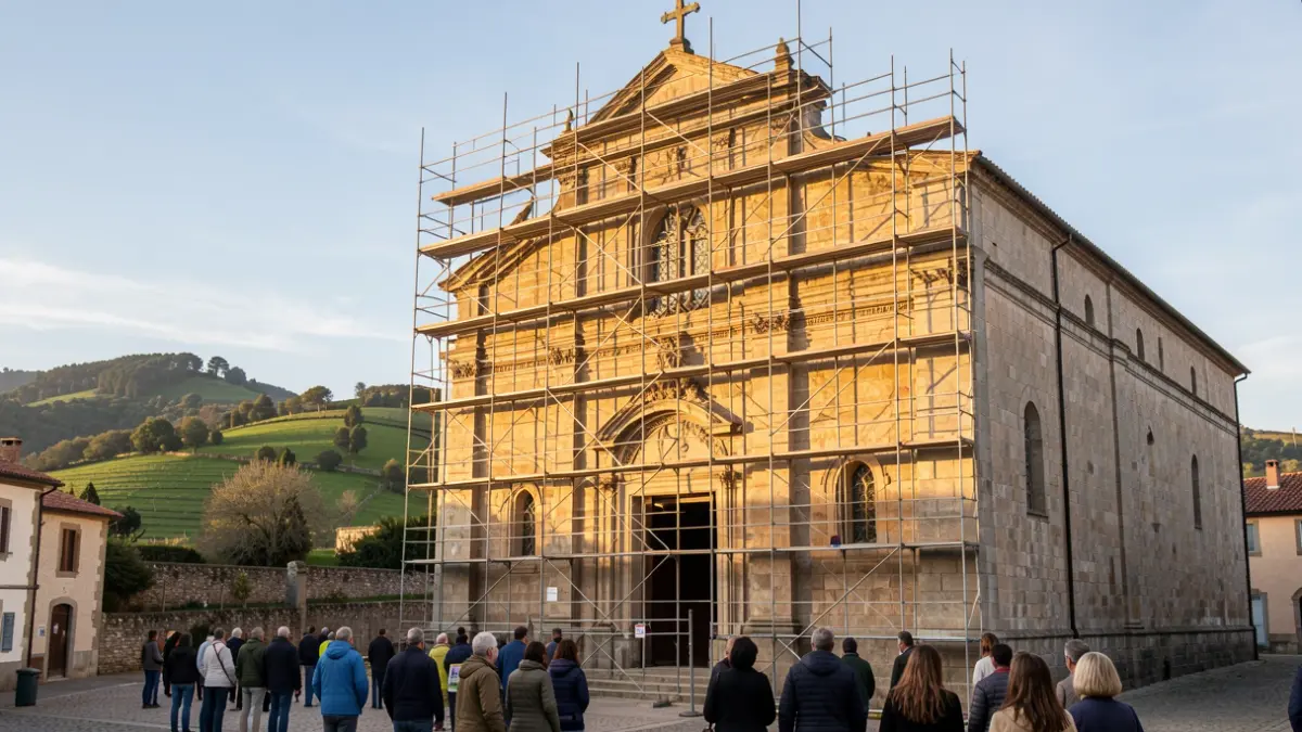 Fachada da igrexa de Santa Mariña en Sarria durante as obras de restauración.