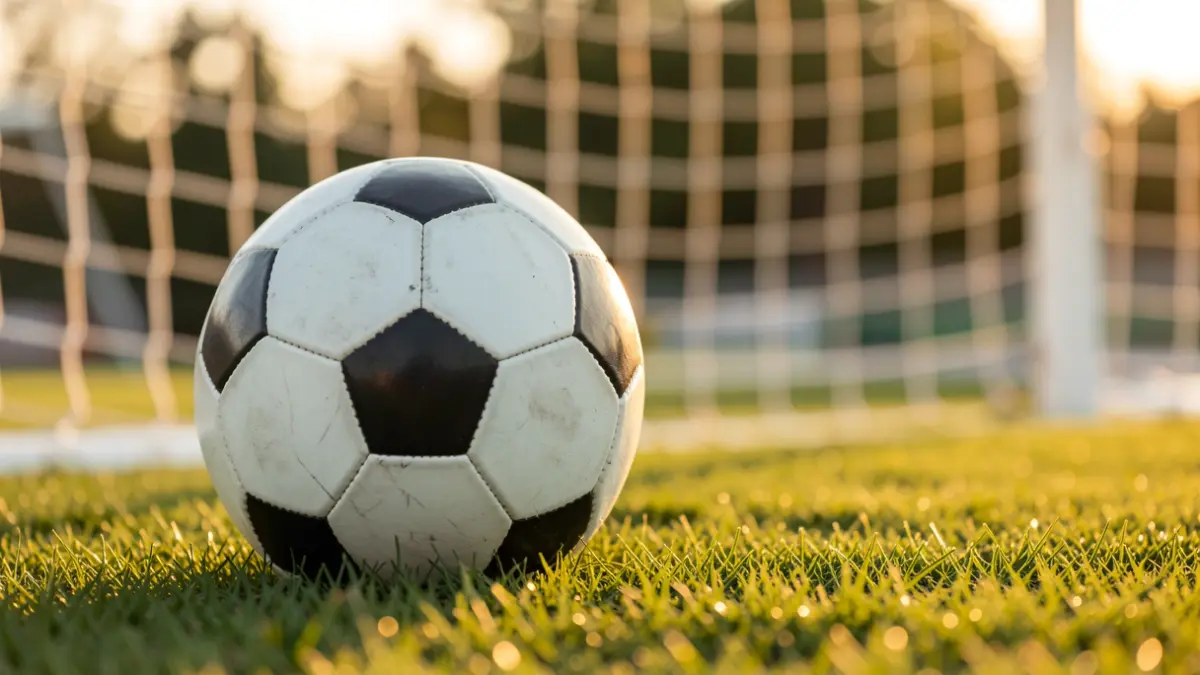 Imagen genérica de balón de fútbol sobre césped con red borrosa al fondo.