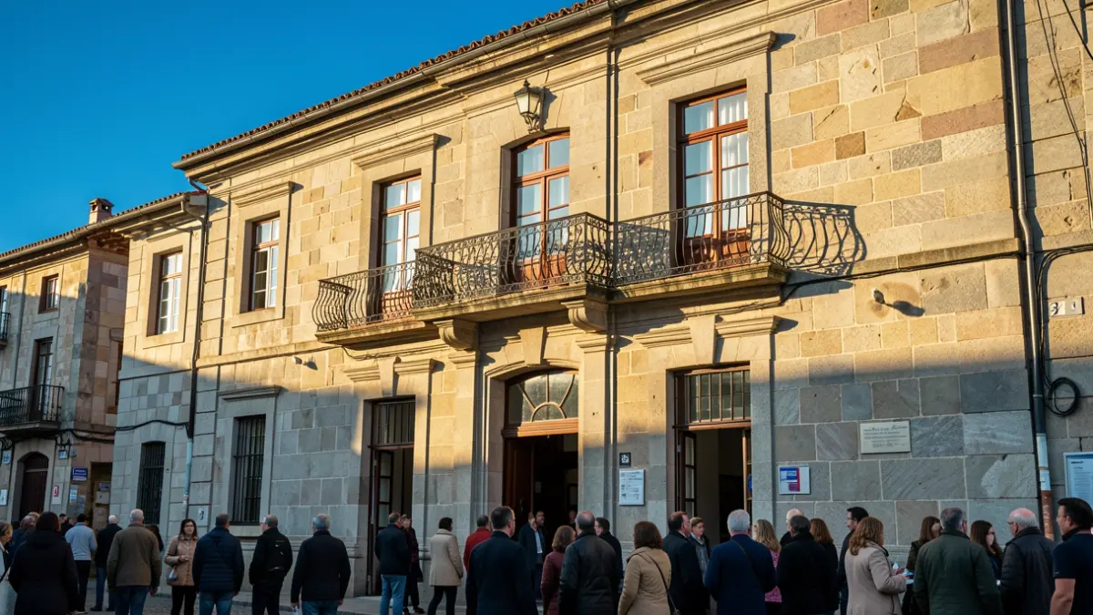 Imagen genérica de una casa consistorial gallega de granito con balcón ornamentado.