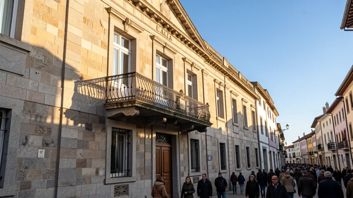 Imaxe xenérica dun concello galego de granito con balcón e raís de ferro, á luz do sol da tarde.