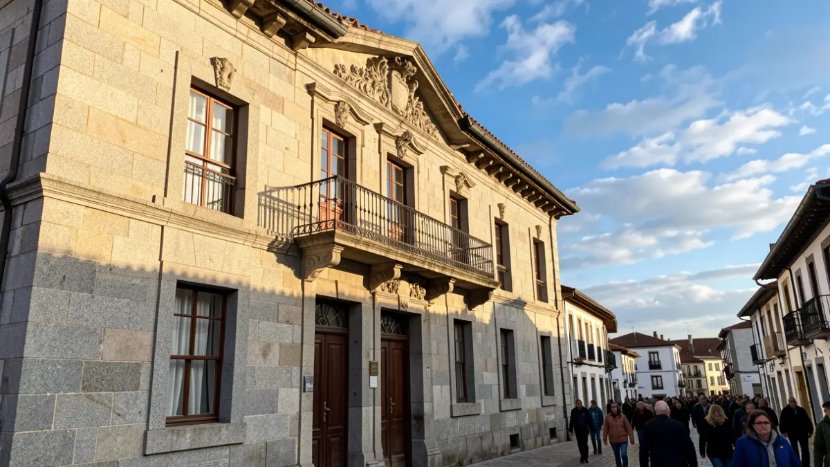 Imagen genérica de un ayuntamiento gallego con balcón de granito.