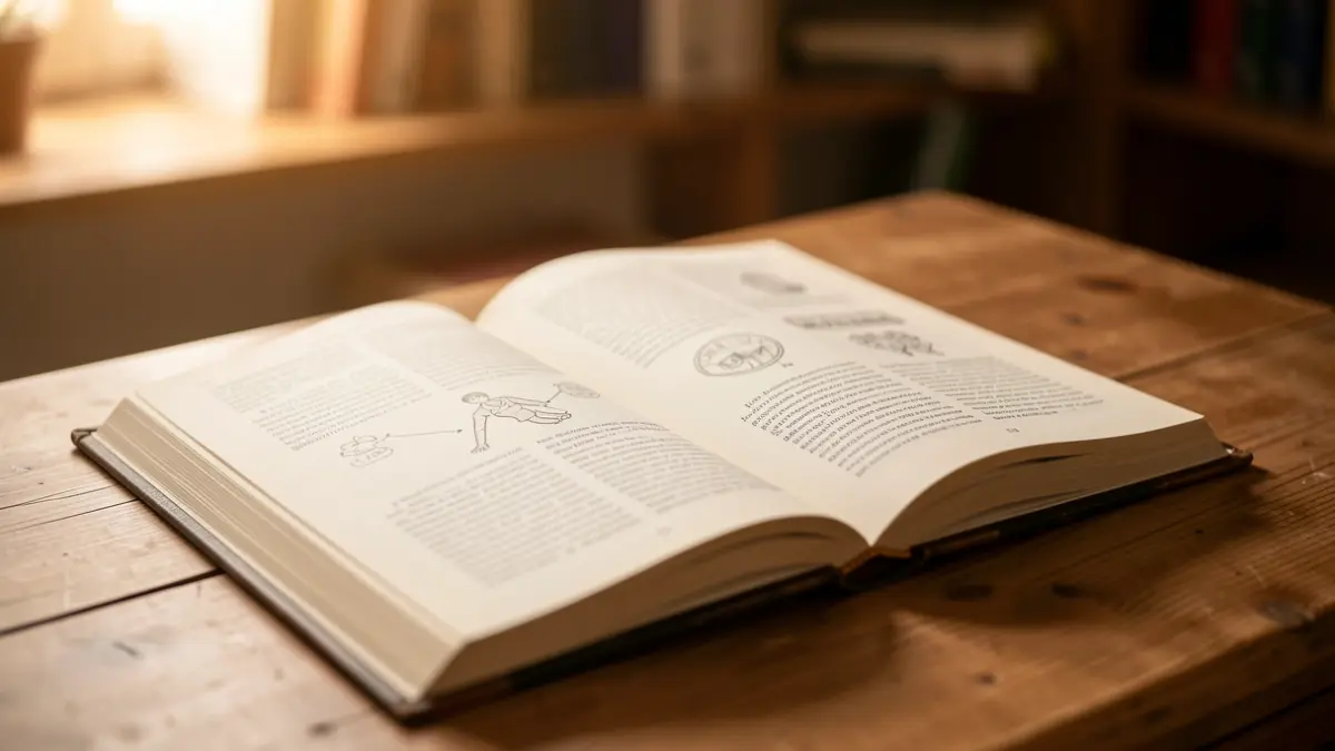Primera página de un libro abierto con diagramas educativos y texto, sobre una mesa de madera.