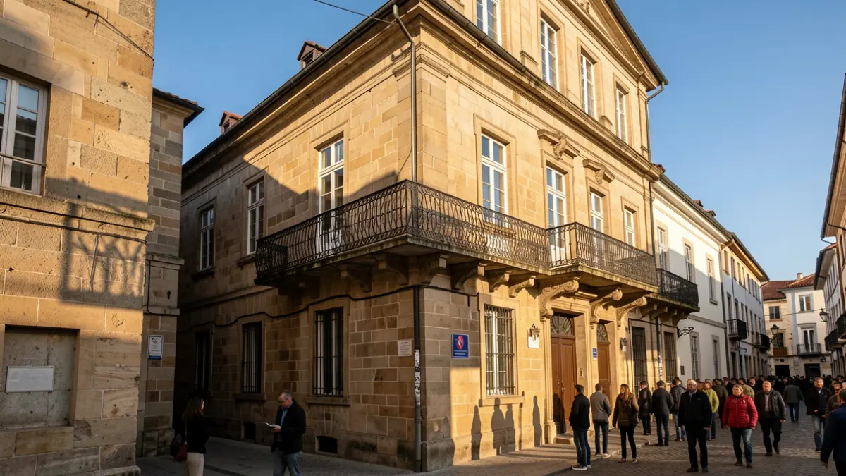 Imagen genérica de un ayuntamiento gallego con balcón y luz solar.