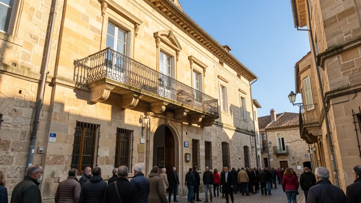Imaxe xenérica dun concello tradicional galego con balcón e sol.