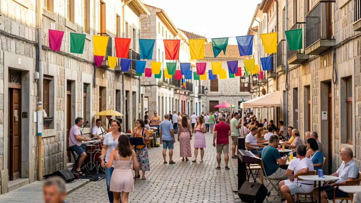 Imagen genérica de una plaza de Baiona durante un festival de verano con música y gente.