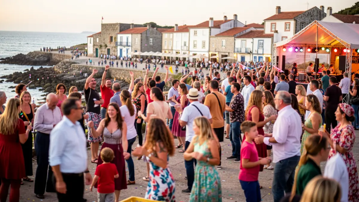 Imaxe dunha festa comunitaria en Baiona con música, danza e actividades infantís, cun ambiente festivo e arquitectura galega ao fondo.