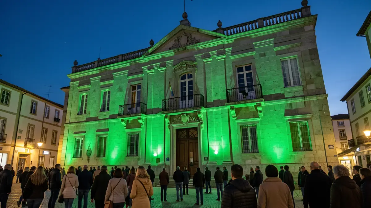 Imaxe xenérica de edificios públicos iluminados de verde.