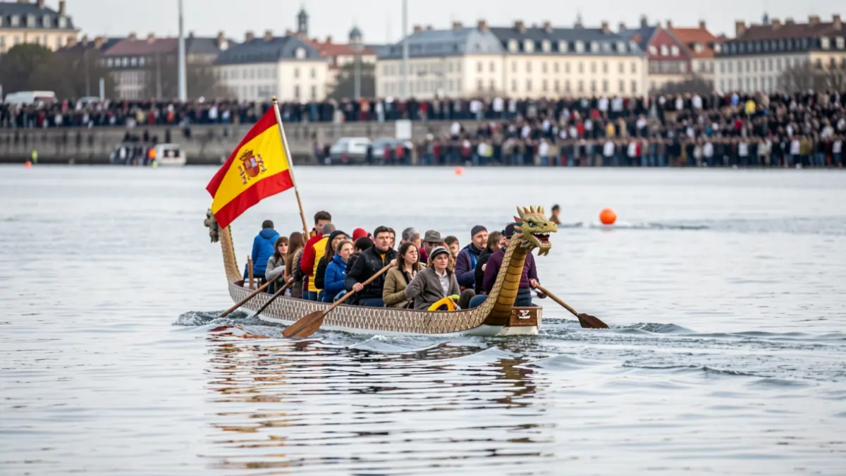 Imaxe dunha embarcación de dragón boat coa bandeira de España, navegando en augas tranquilas.