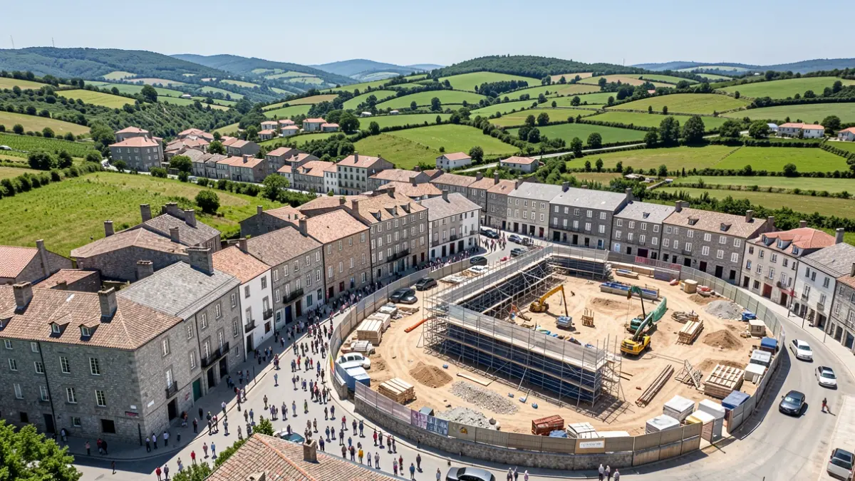 Vista aérea dun concello galego con obras de infraestruturas.