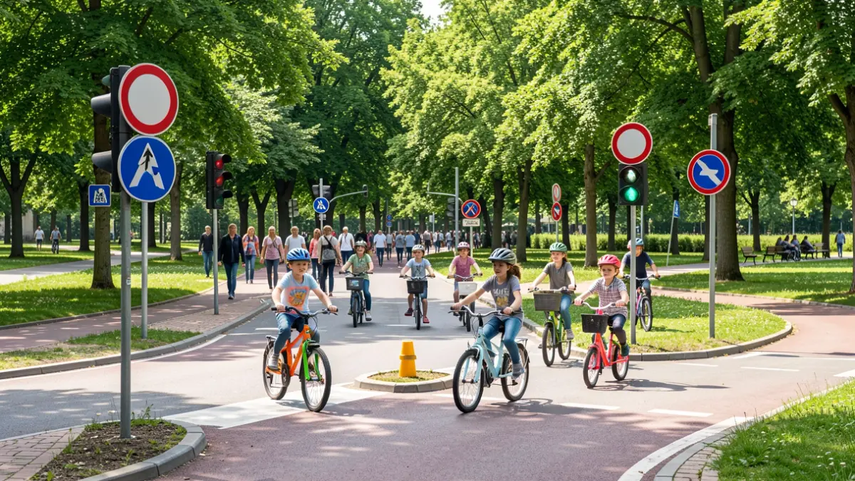 Imaxe xenérica de nenos participando nun circuíto de educación viaria con bicicletas e patinetes.