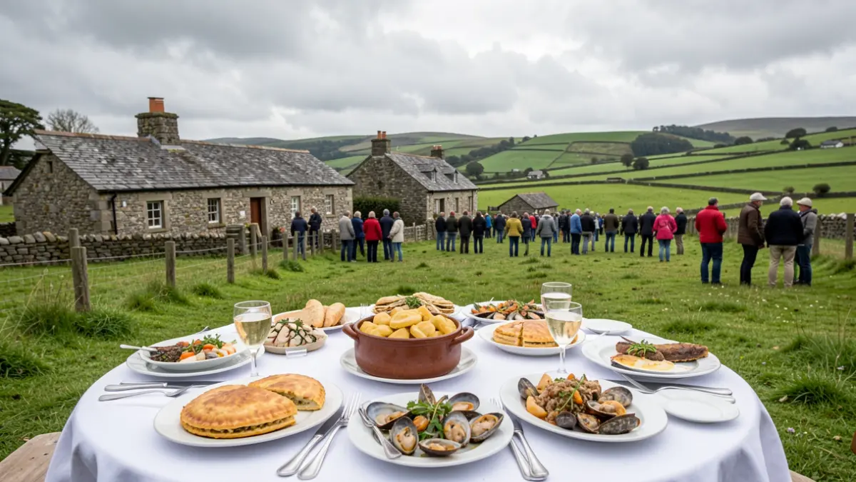 Imagen genérica de paisaje rural gallego con casas de piedra y gastronomía.