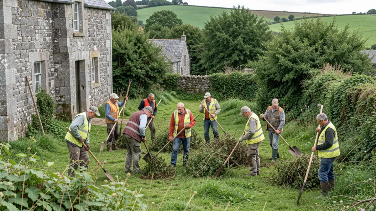 Imaxe xenérica de traballadores rurais en Galicia limpando montes e espazos naturais.