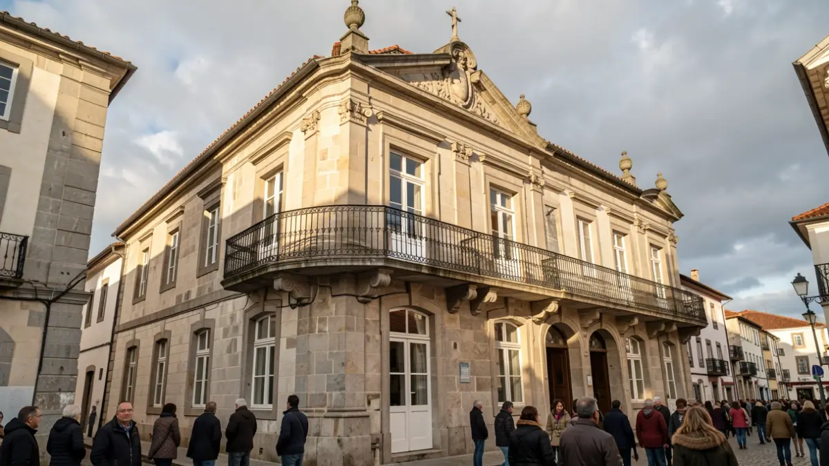 Imagen genérica de un ayuntamiento gallego de granito con balcón y barandillas de hierro, bajo un cielo nublado.