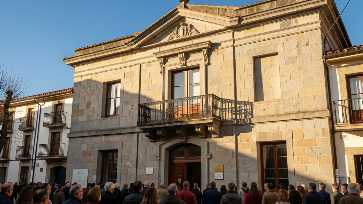 Imagen genérica de un ayuntamiento gallego de granito con balcón y rejas de hierro, a la luz del sol de la tarde.