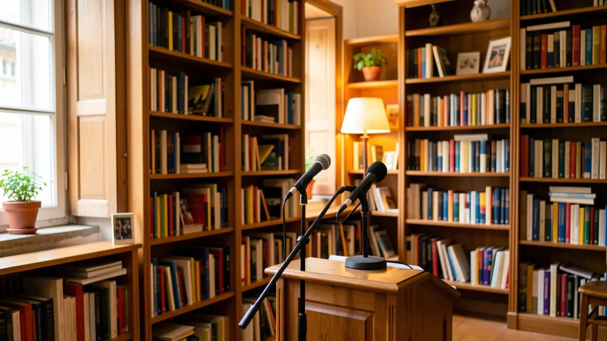 Imaxe xenérica dunha biblioteca galega con andeis de libros e un atril.