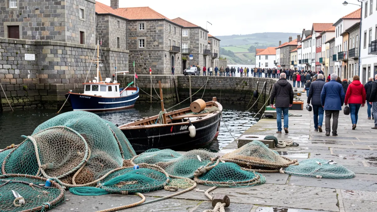 Imaxe xenérica dunha mariscadora en Camariñas con redes de pesca e un porto ao fondo.