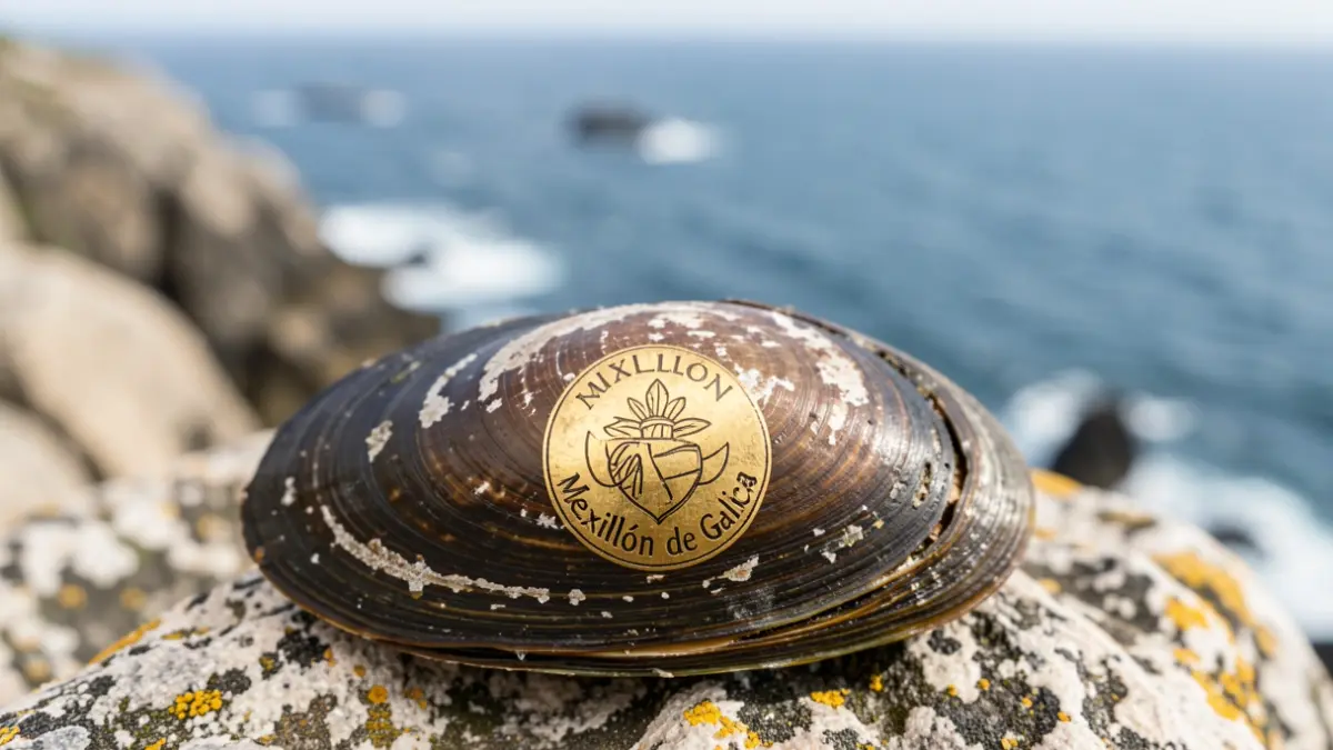 Primeira plana dun mexillón de Galicia co selo da DOP e o mar de fondo.