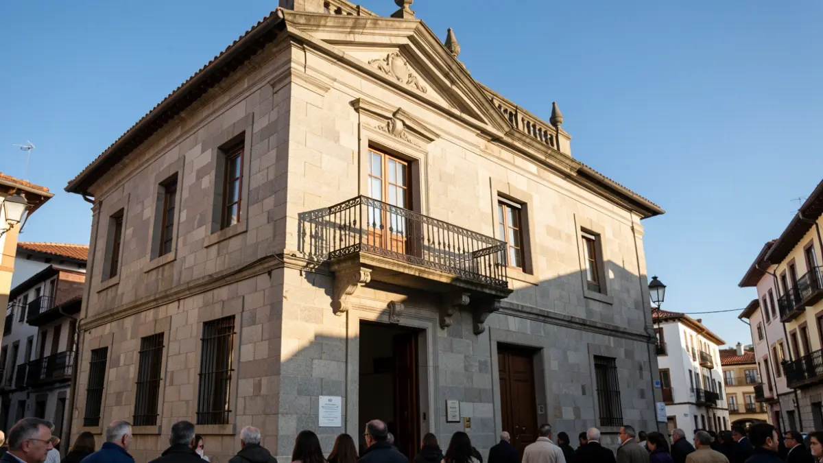 Fachada dun concello galego de granito con balcón e reixas de ferro, baixo o sol da tarde.