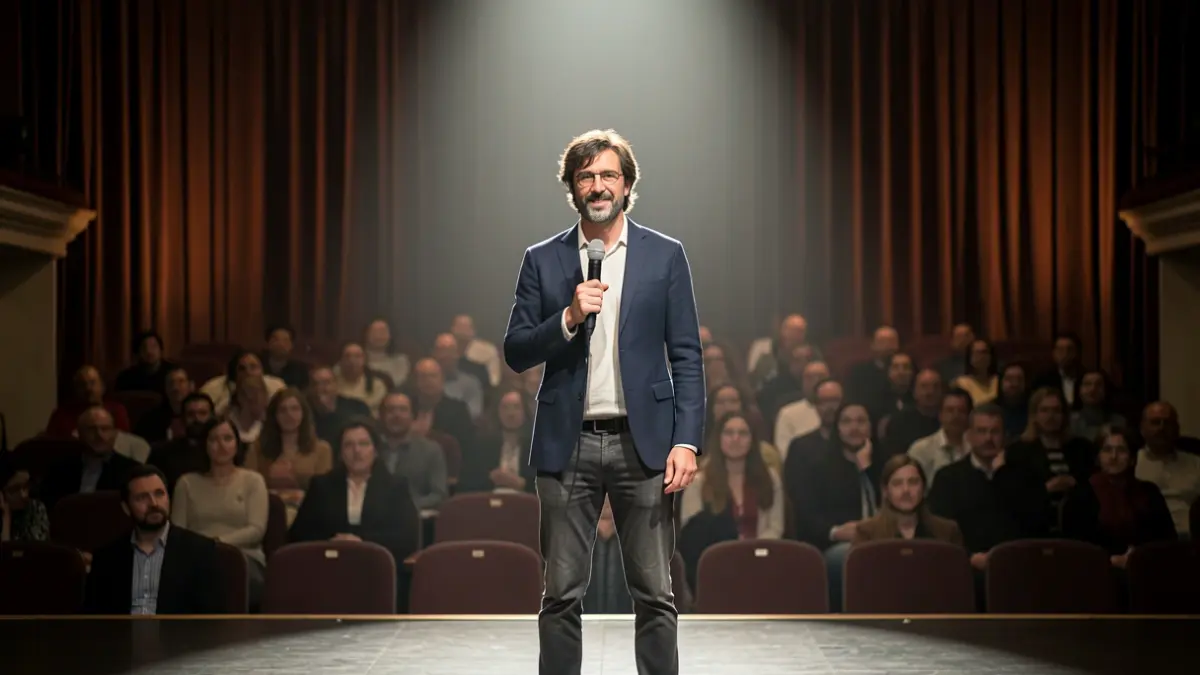 Imagen genérica de actor en un escenario con focos, representando una despedida.