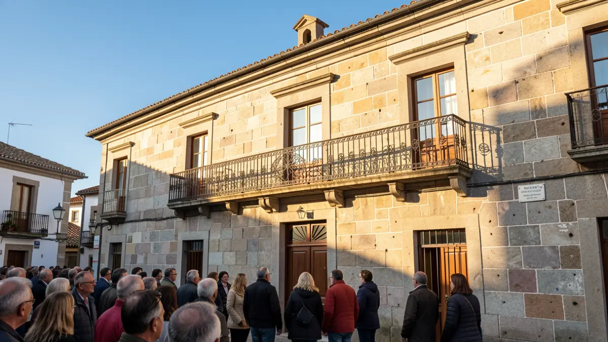 Imagen de una casa consistorial gallega de granito con balcón de hierro, a la luz del sol de la tarde.