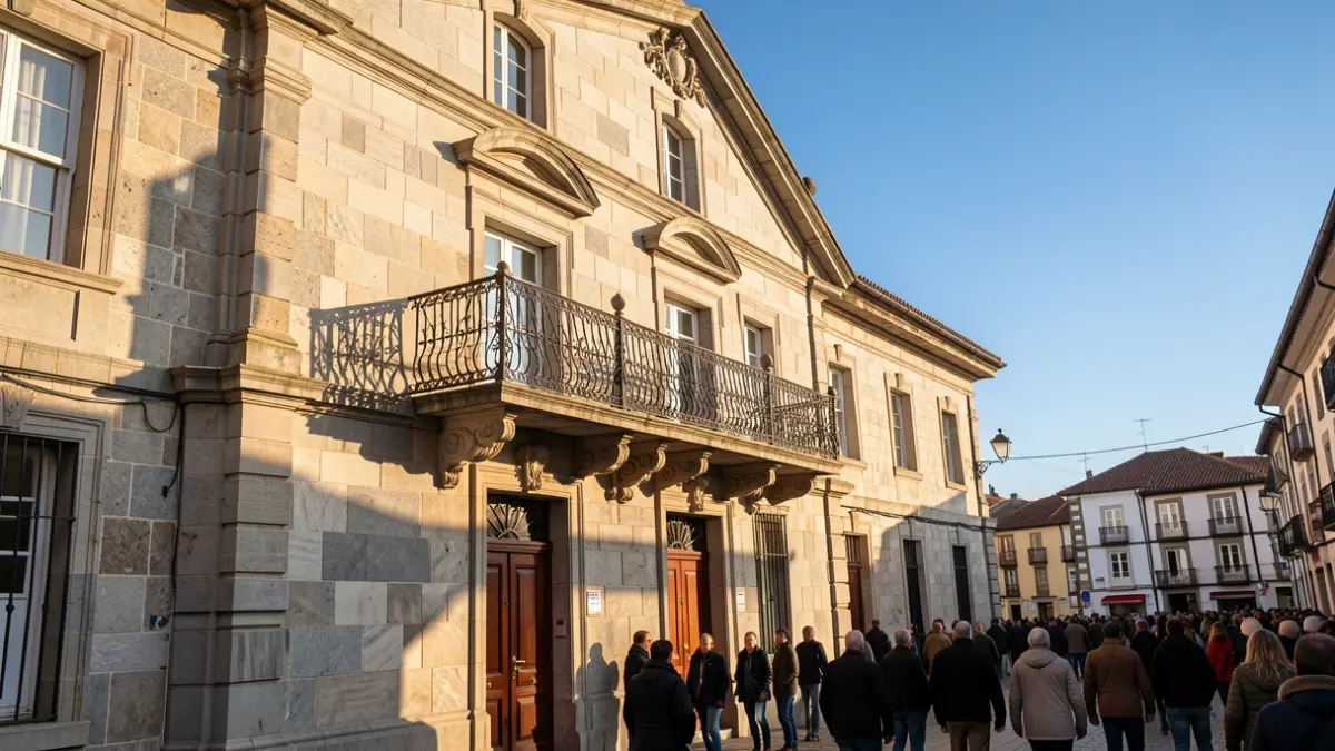 Imaxe xenérica dun concello galego de granito con balcón ornamentado e raís de ferro, baixo a luz do sol da tarde.