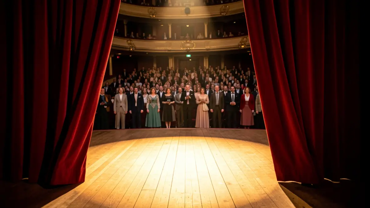 Imaxe dun escenario de teatro baleiro con cortinas vermellas e un foco de luz.