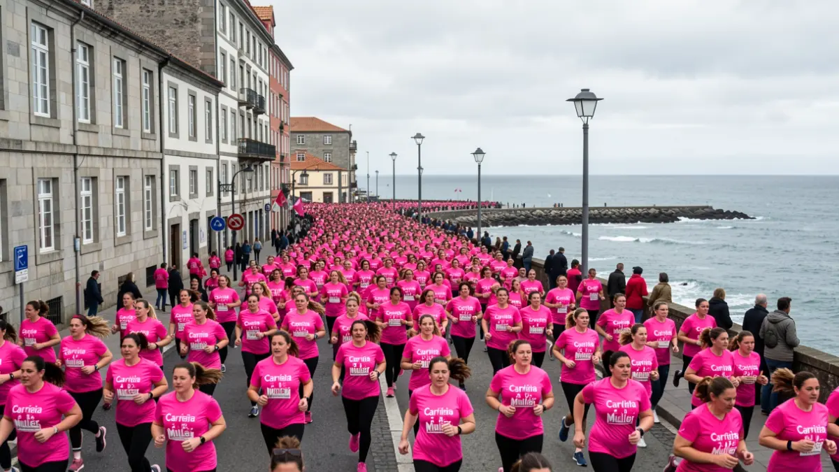 Miles de mulleres correndo e camiñando polas rúas da Coruña nunha marea rosa, con edificios de granito e o mar de fondo.