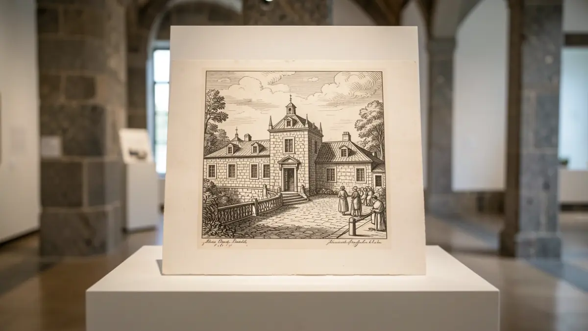 Imaxe dun facsímile dun debuxo de Castelao exposto nunha sala de Galicia.