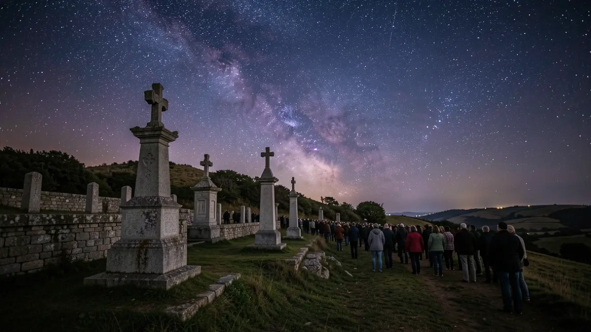 Imagen genérica del cielo nocturno sobre un paisaje gallego con arquitectura de granito y cruceiros.