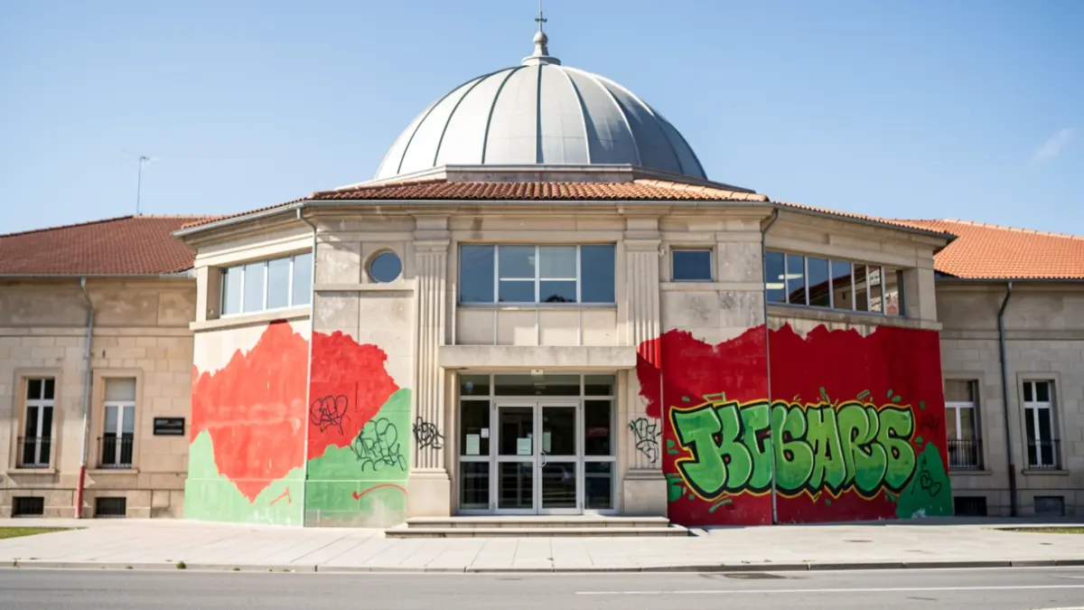 Imaxe xenérica de fachadas de pavillóns municipais con arte urbana.