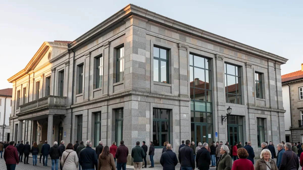 Imaxe xenérica dun centro cultural de Galicia con detalles de granito e luz de tarde.