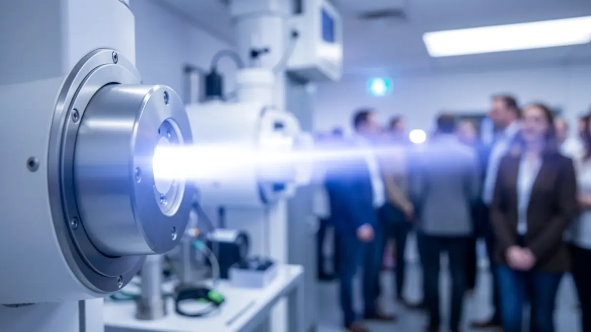 Imagen genérica de tecnología médica avanzada, con un haz de protones enfocado.