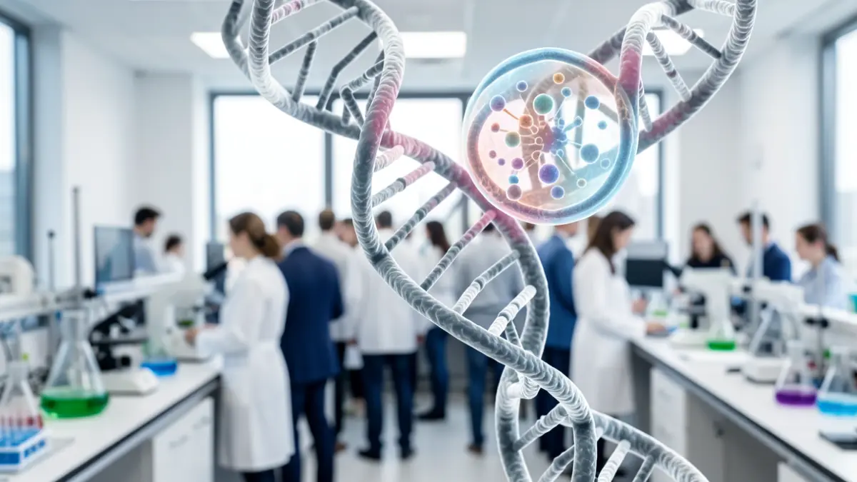 Imaxe xenérica de investigación biomédica con ADN e célula.