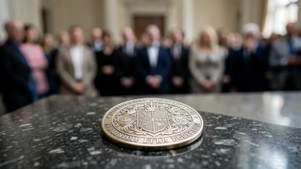 Primeiro plano dunha medalla de premio científico sobre granito escuro, con luz difusa.