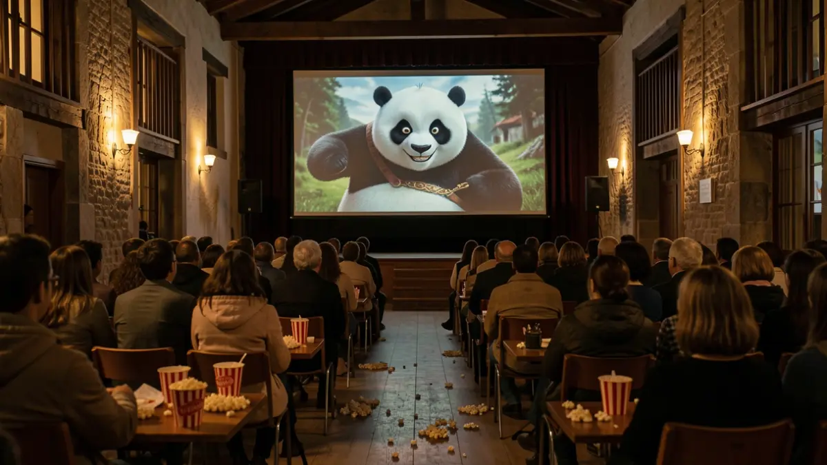 Imaxe dunha pantalla de cinema proxectando Kung Fu Panda 4 nun centro cultural de Galicia, con asentos baleiros e contedores de flocos de millo.