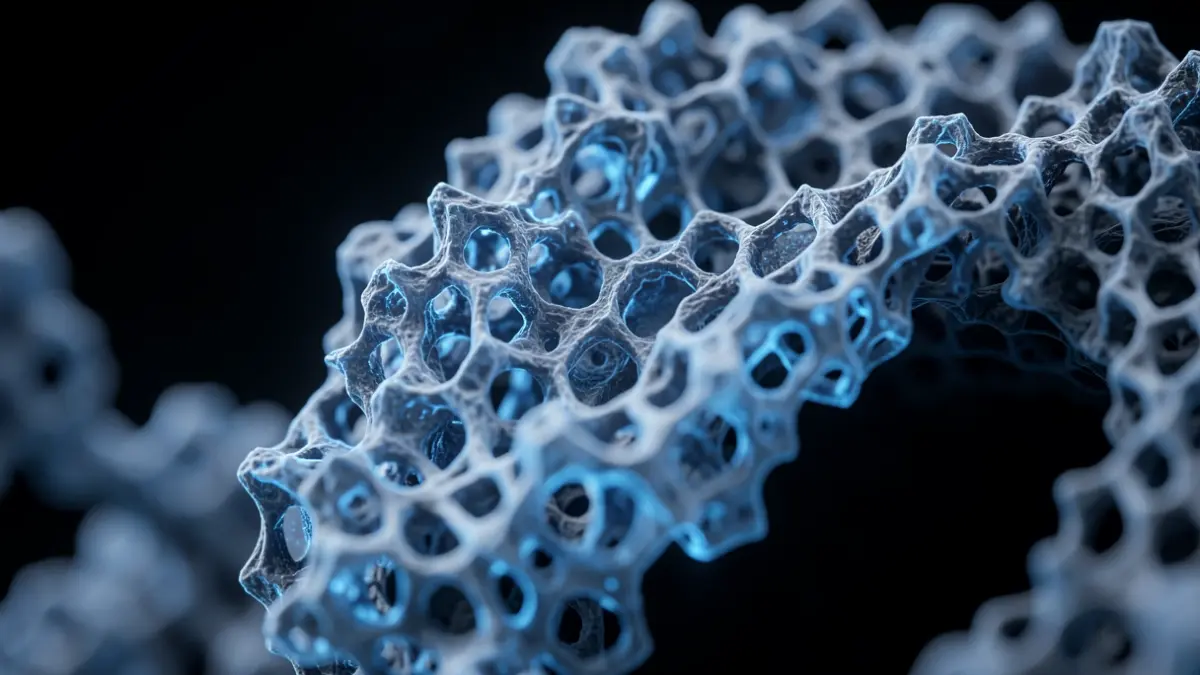 Imaxe xenérica de material orgánico poroso con estrutura cristalina e poros nanométricos.