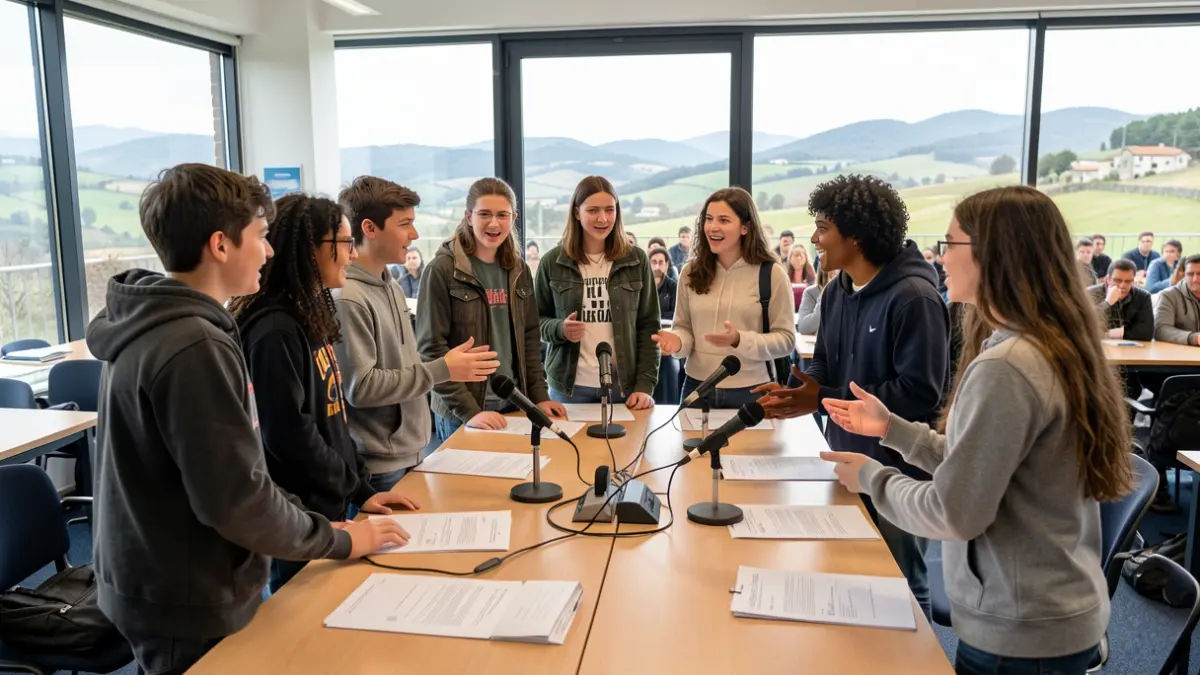 Imaxe dun grupo de mozos e mozas debatendo nunha sala de estudos con ventás que dan a unha paisaxe galega.