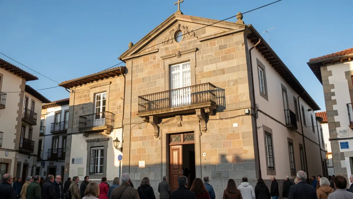 Imagen genérica de un ayuntamiento gallego de granito con balcón y barandillas de hierro, a la luz del sol de la tarde.
