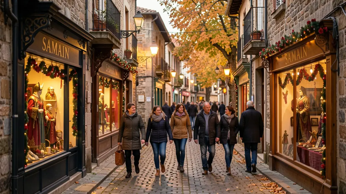 Imaxe dunha rúa de Cangas decorada para a Xincana do Alén, con escaparates temáticos do Samaín e familias participando.