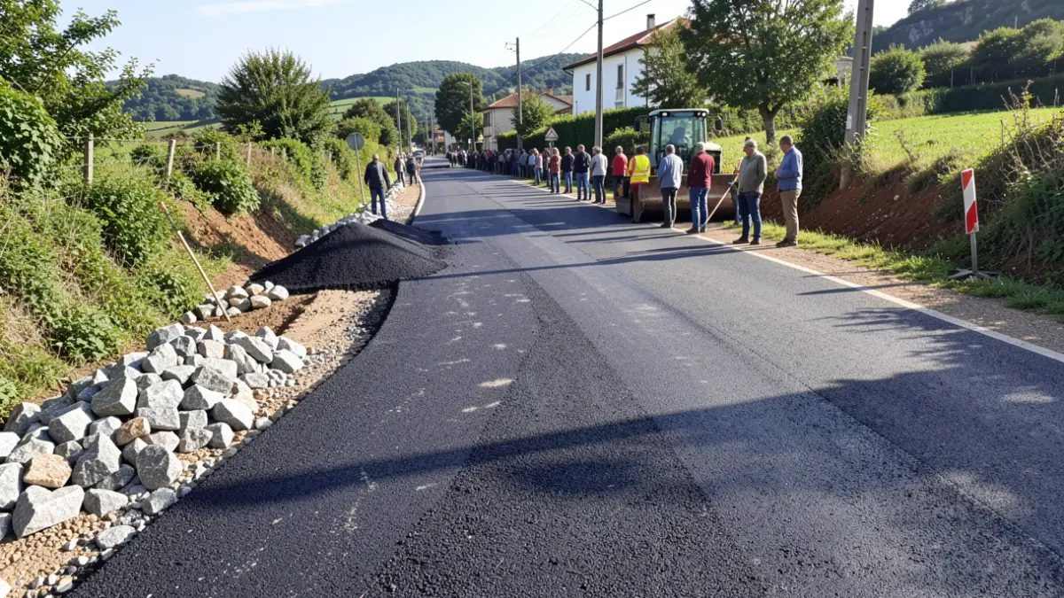 Imaxe xenérica de obras de asfaltado nun camiño rural galego.