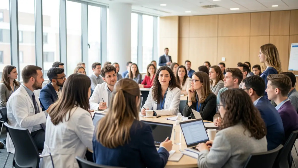 Imaxe xenérica de estudantes e profesionais da medicina nun congreso.
