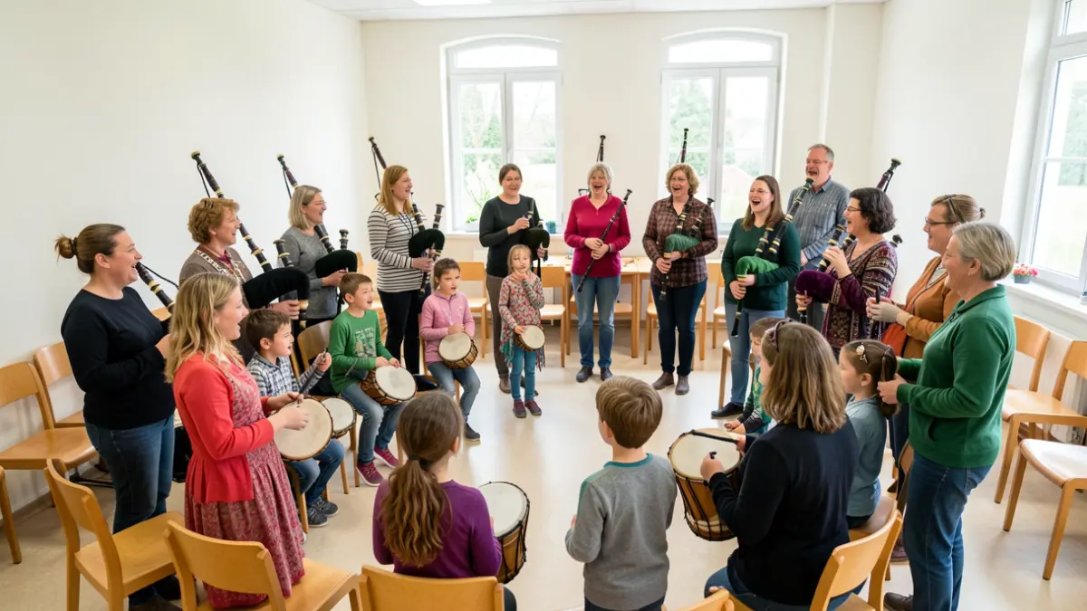 Imaxe xenérica de persoas de diferentes idades aprendendo música tradicional galega, como gaita e pandeireta.