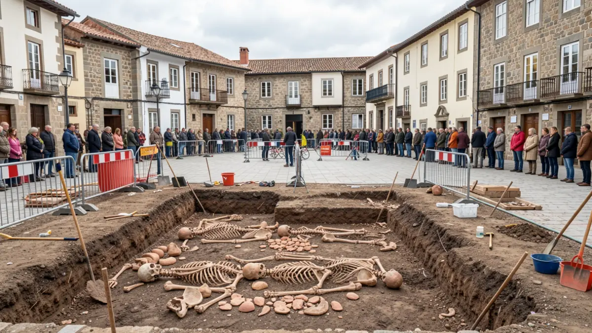 Imagen de una excavación arqueológica en la Plaza de la Iglesia de Silleda, mostrando restos óseos.