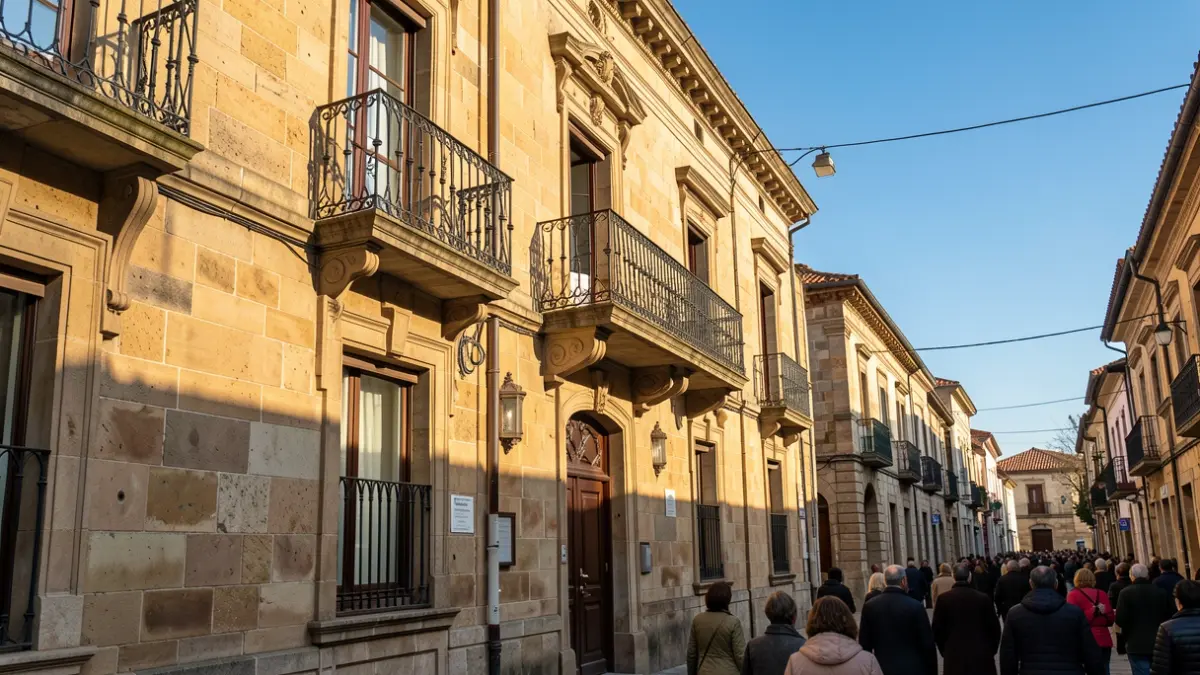 Imaxe xenérica dun concello galego con balcón de ferro e luz solar.