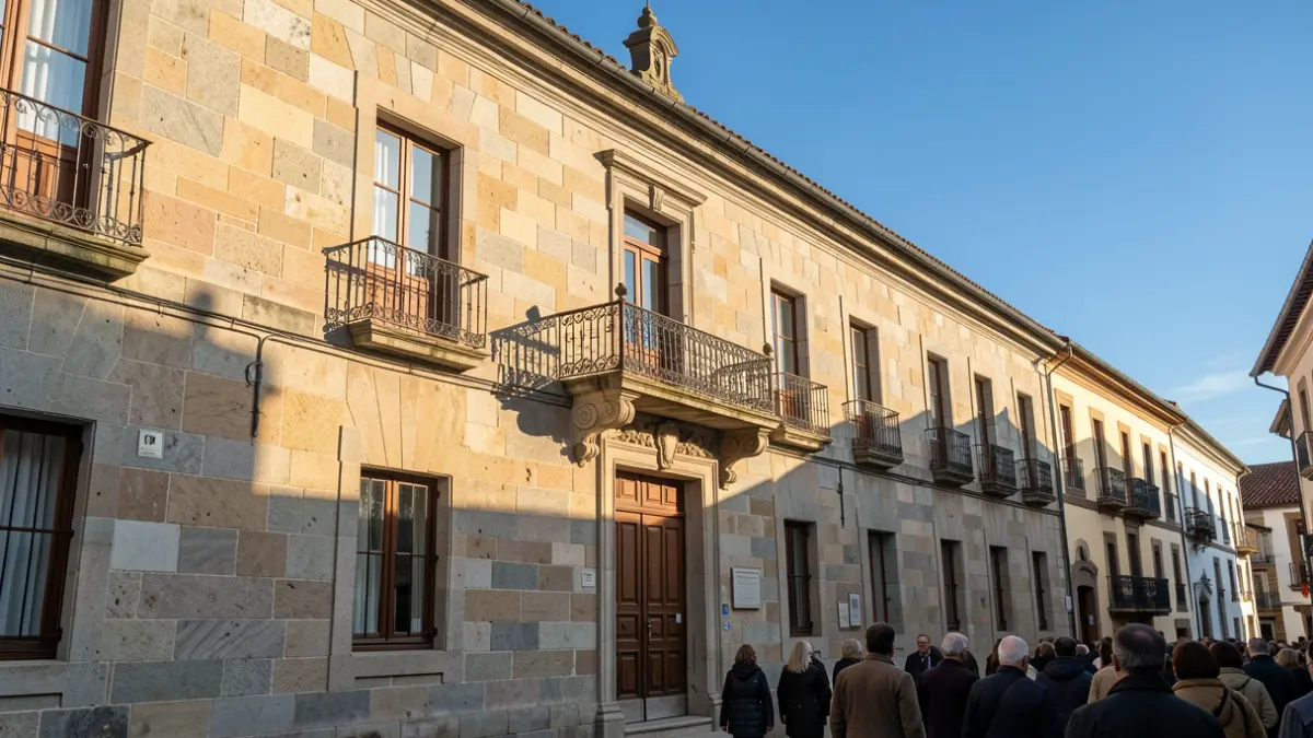 Imagen genérica de un ayuntamiento gallego de piedra con balcón ornamentado.