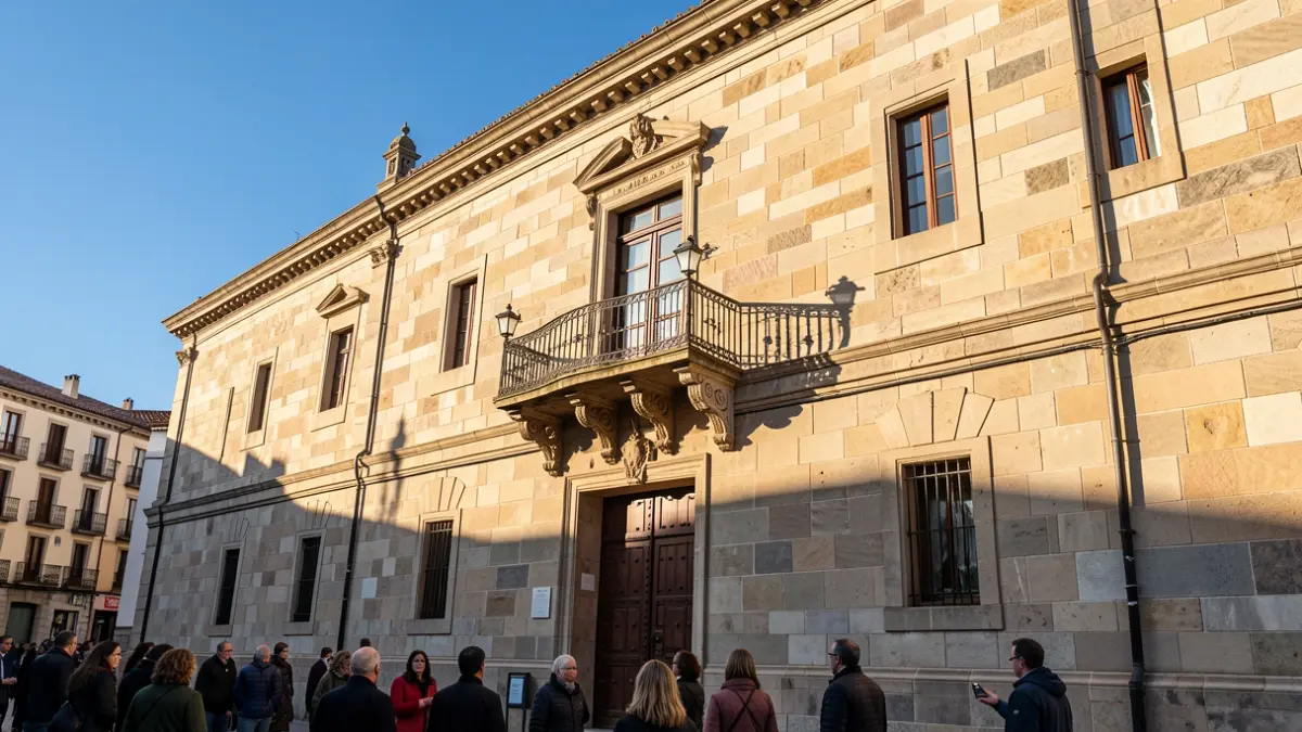 Imagen genérica de fachadas de ayuntamientos gallegos con balcones de hierro y luz solar.