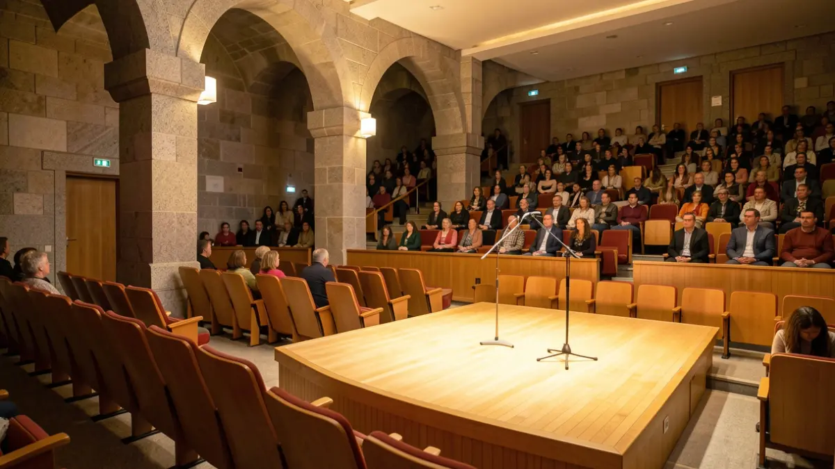 Imagen genérica de un auditorio vacío en un centro cultural gallego con arquitectura de granito.